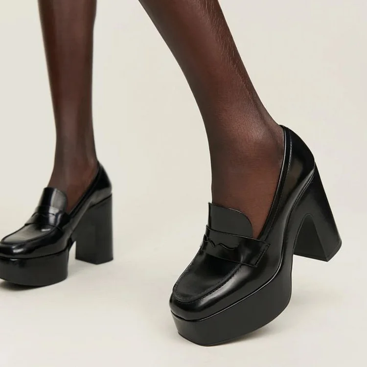 Black Square Toe Patent Shoes Classic Platform Chunky Heels Vintage Loafer Pumps |FSJ Shoes