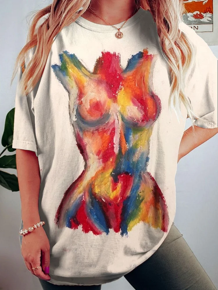 Women's Body Art Print Crew Neck Causl Shirt