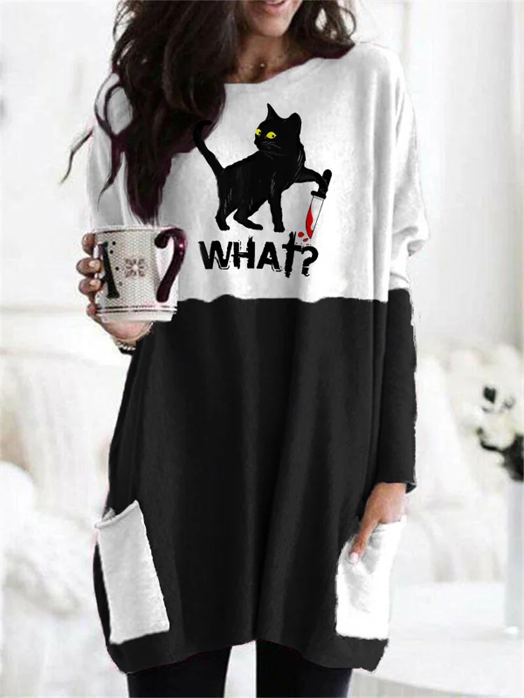 Vefave Holding Knife Black Cat What Colorblock Tunic