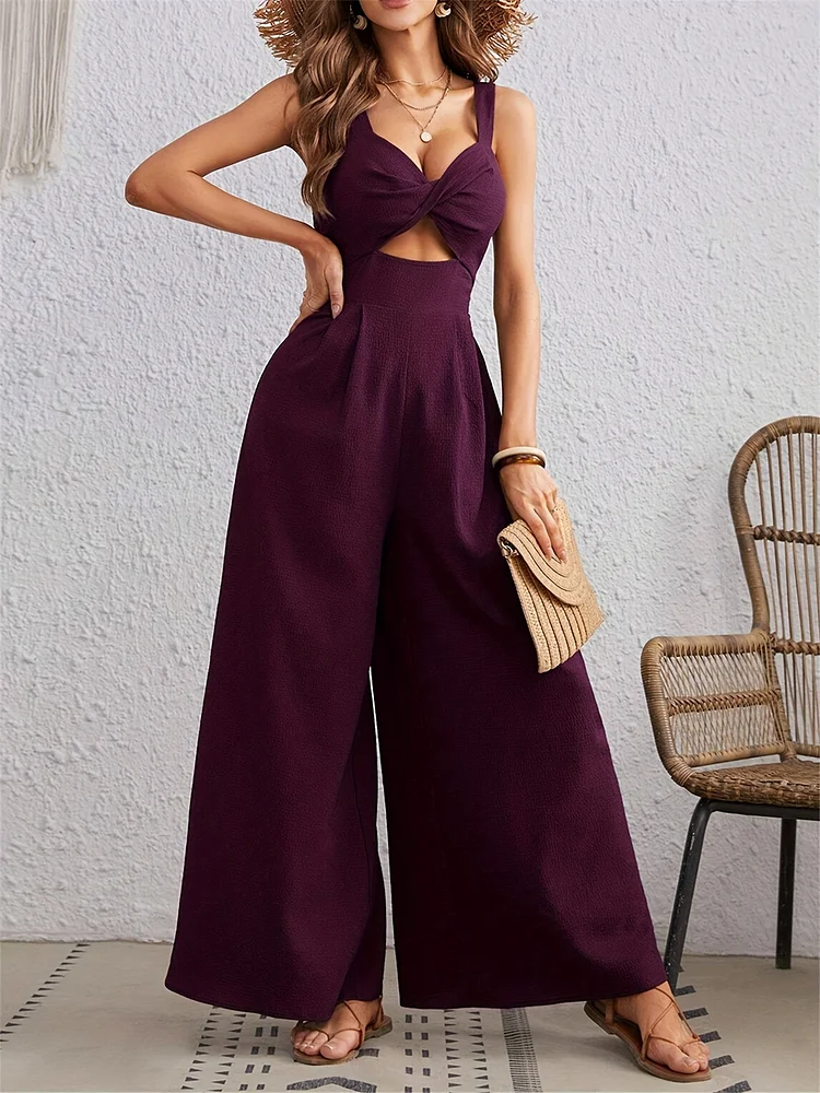 Women's Elegant Solid Color Loose Fit Off-Shoulder Beach Jumpsuit - Spaghetti Strap Sleeveless Summer One Piece Swimsuit, Machine Washable For Poolside & Casual Outings, Bathing Suit, Vacation Attire, Chic Style, Lightweight Fabric, Vacation Essential