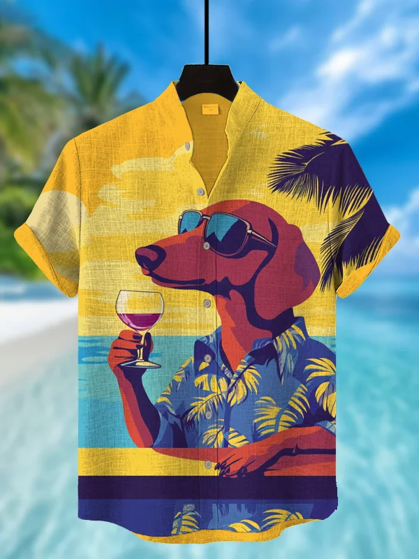 Men's Dachshund With A Glass Of Wine International Dog Day Vacation Art Print Casual Shirt