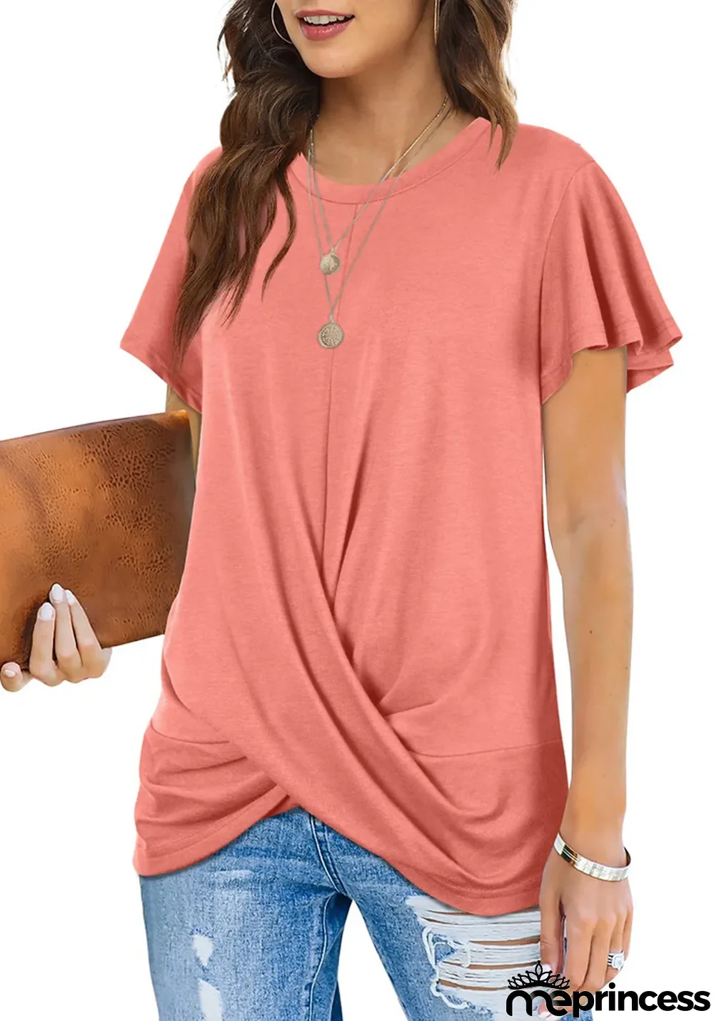 Women Summer Pink Casual O-Neck Short Sleeves Solid Long T-Shirt