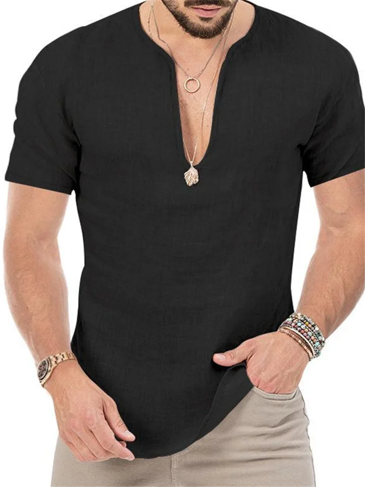 V-neck Short-sleeved Men's Casual Linen Slim Short-sleeved T-shirt Tops | 168DEAL