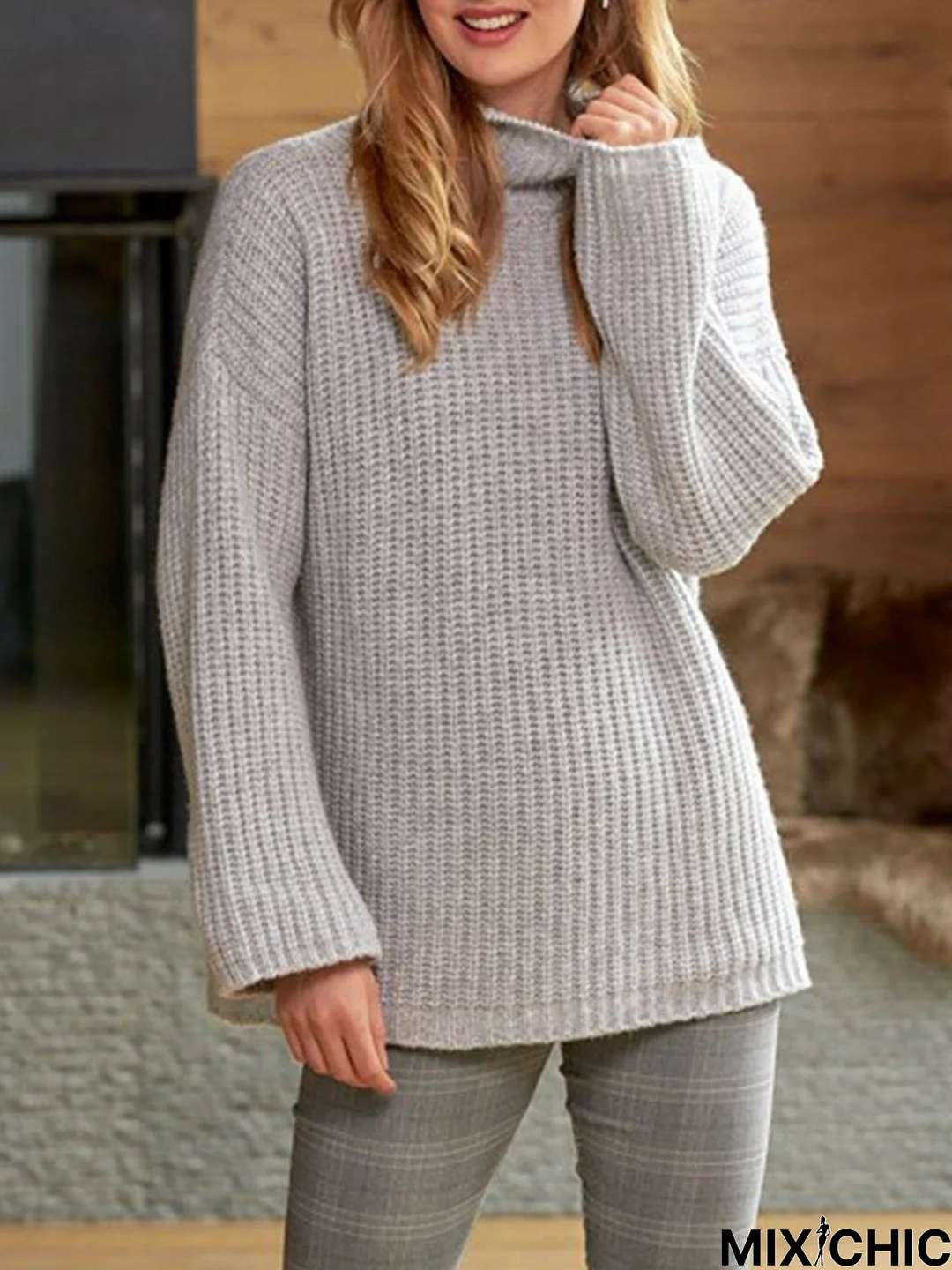 Grey Knitted Turtleneck Long Sleeve Plus Size Sweater