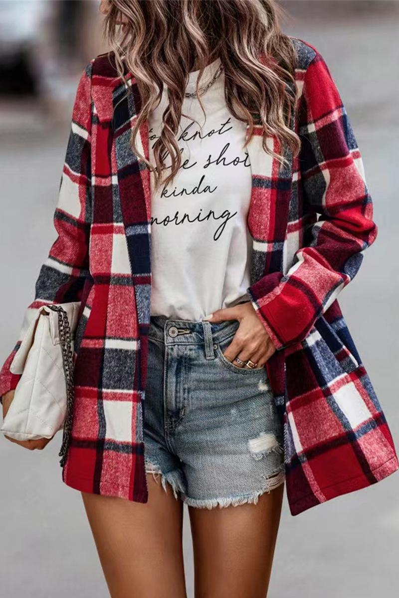 Fashion Plaid Patchwork Turndown Collar Outerwear