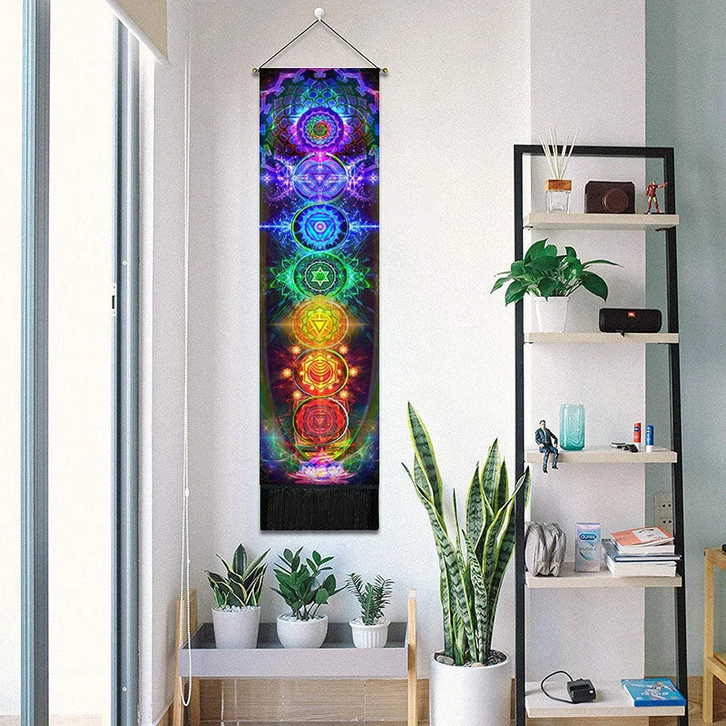 Seven Chakra Decorative Wall Hanging Tapestry Bohemia Tarot Phase Tassel Tapestry Boho Art Tapestries For Bedroom Office Decor