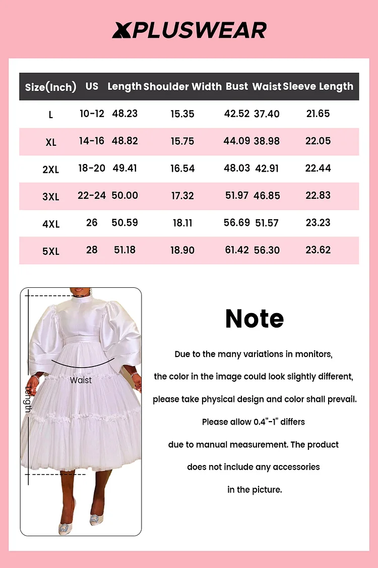 Plus Size Formal Satin Black Stand-Up Collar Puff Sleeve Long Sleeve Contrast Tulle Midi Dresses