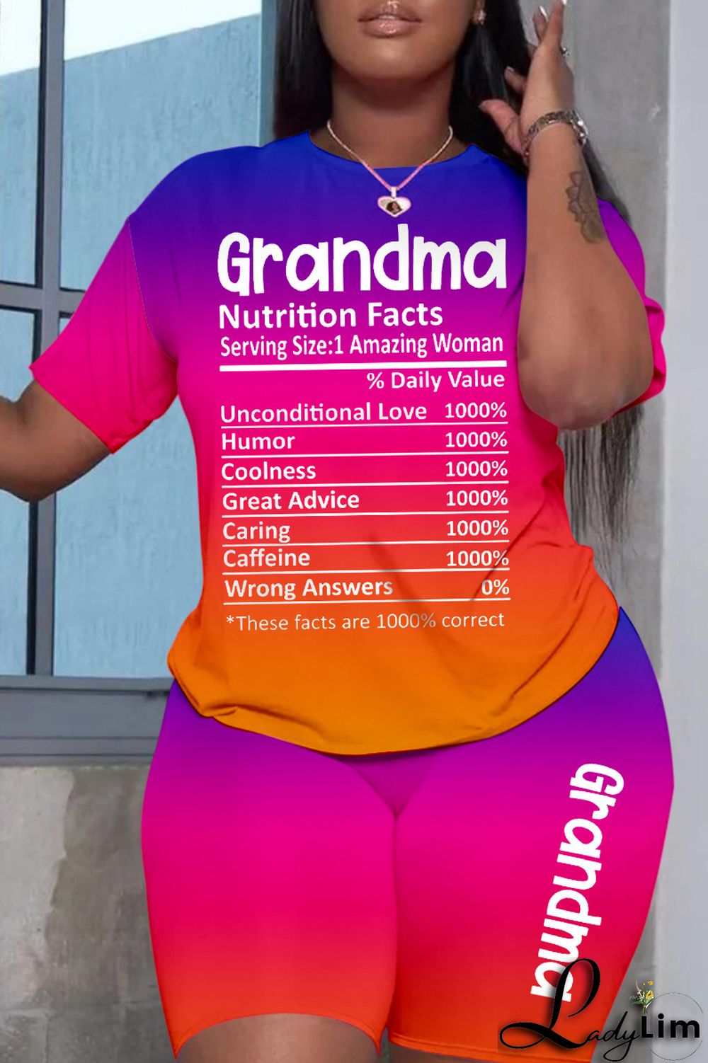 Light Blue Gradual Change Letter Print Basic O Neck Short Sleeve Two Pieces