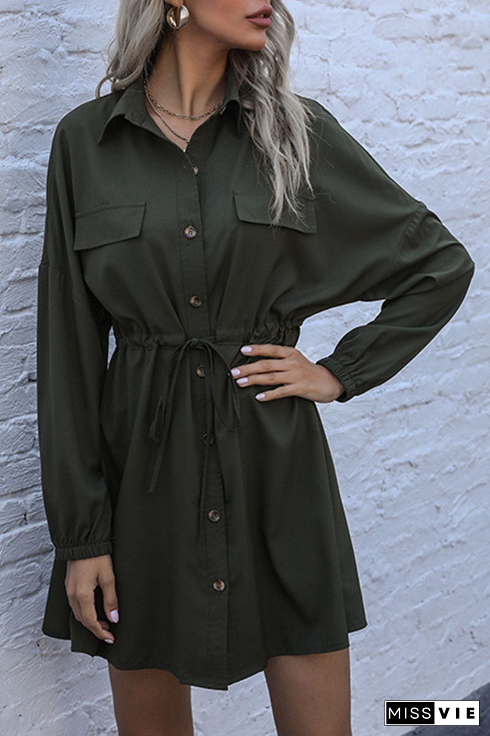 Fashion Street Solid Patchwork Turndown Collar A Line Dresses