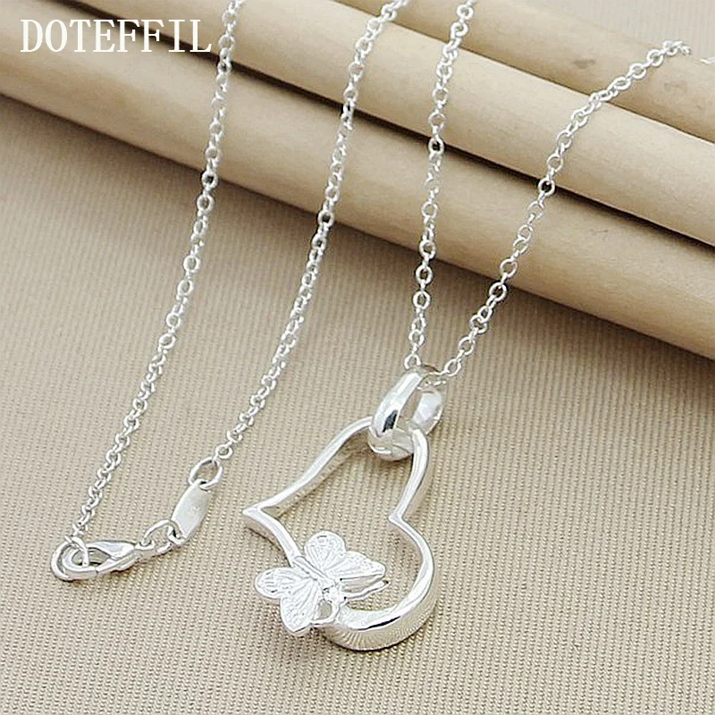 DOTEFFIL 925 Sterling Silver Butterfly Heart Pendant Necklace 18 Inch Chain For Woman Jewelry