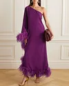 One Shoulder Feather Trimmed Crepe Gown