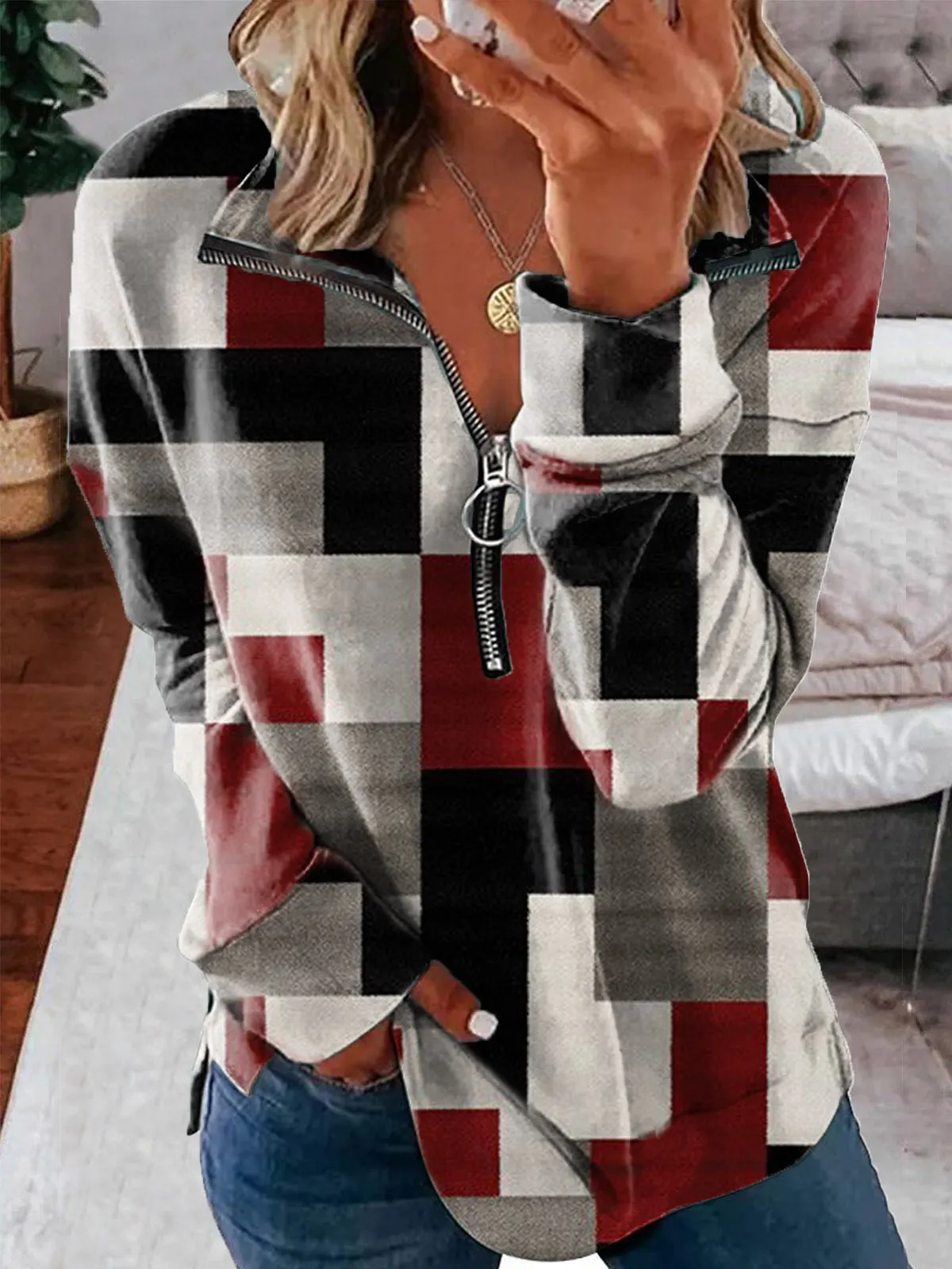 Casual Lapel Geometric Sweatshirts