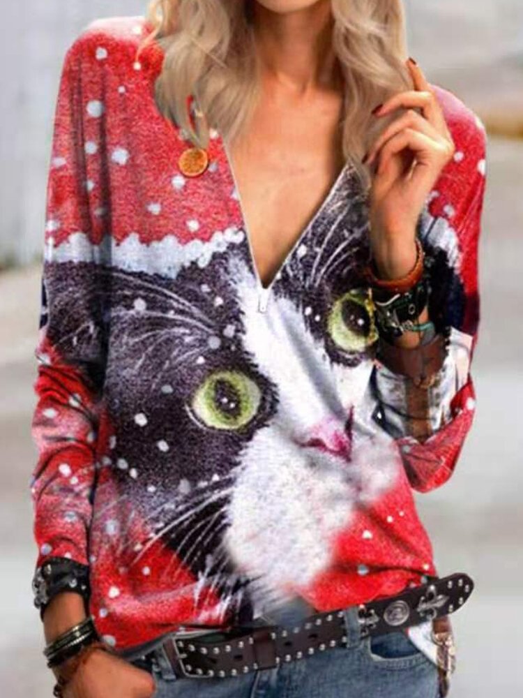 Cute Cat Print Zipper Long Sleeve Casual T shirt for Women P1795947