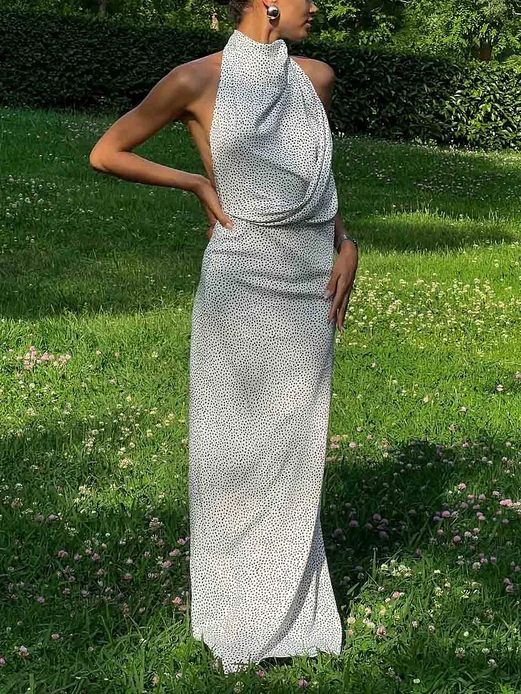 Elegant Halterneck Black Polka Dot White Maxi Dress