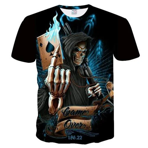 Skull Poker Printed T-Shirt Men Short Sleeve Tee Shirt Black 3D Tee Tops at Hiphopee