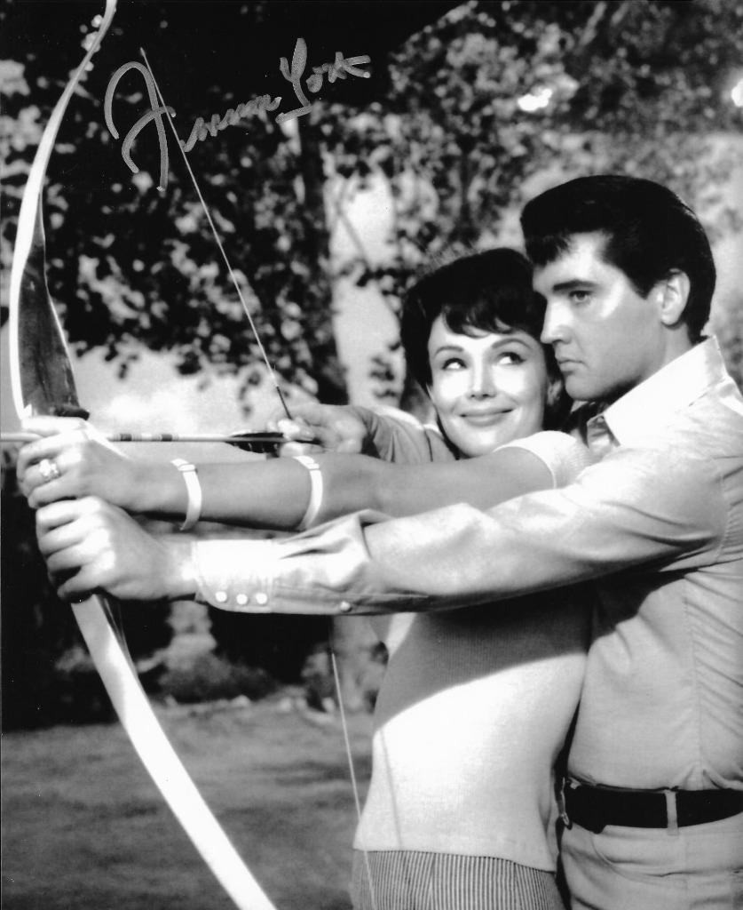 FRANCINE YORK AUTOGRAPHED 8X10 B&W ARCHERY Photo Poster painting W/ ELVIS PRESLEY AUTOGRAPH