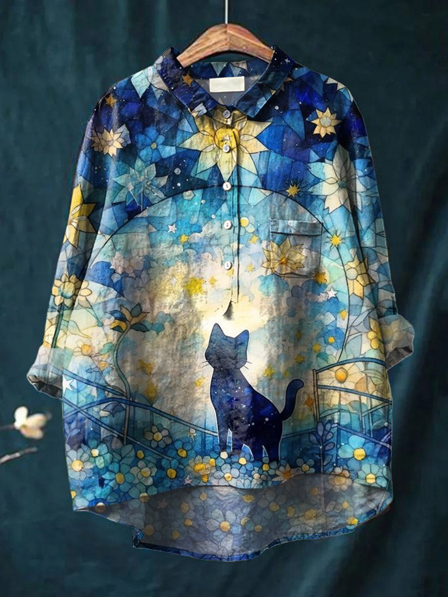 Women's Beautiful Blue Little Black Cat Print Casual Cotton And Linen Shirt