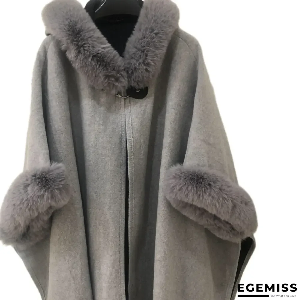 Autumn and Winter Fur Collar Hooded Shawl Cloak Large Size Woolen Coat Loose Cardigan Women | EGEMISS