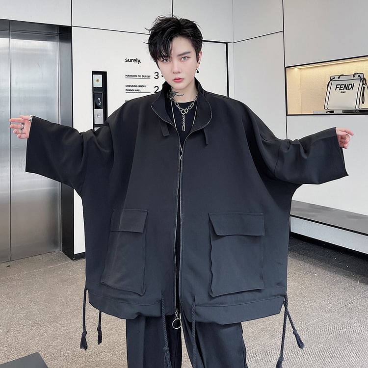 Dawfashion-Dark Solid Color Stand-up Collar Big Pocket Bat Sleeve Trench Coat-Yamamoto Diablo Clothing