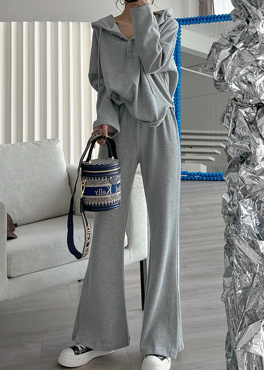 Casual Grey Hooded Tops And Pants Cotton Sport Suit Two Pieces Set Spring