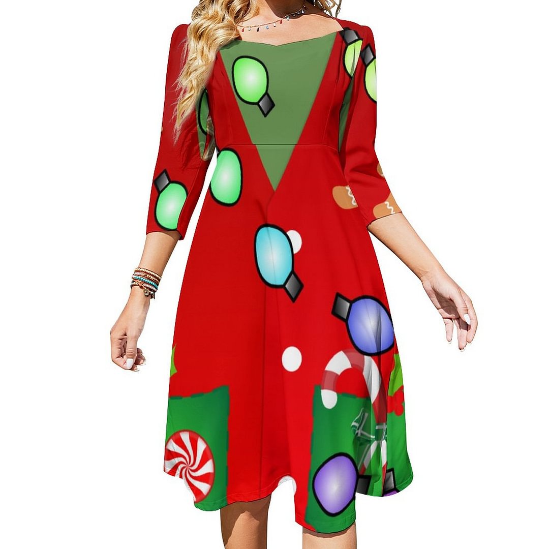 Gingerbread Cookie Candy Ugly Christmas Sweater Dress Sweetheart Tie Back Flared 3/4 Sleeve Midi Dresses