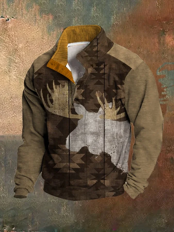 Men's Fleece Retro Ethnic Deer Print Stand Collar Sweatshirt