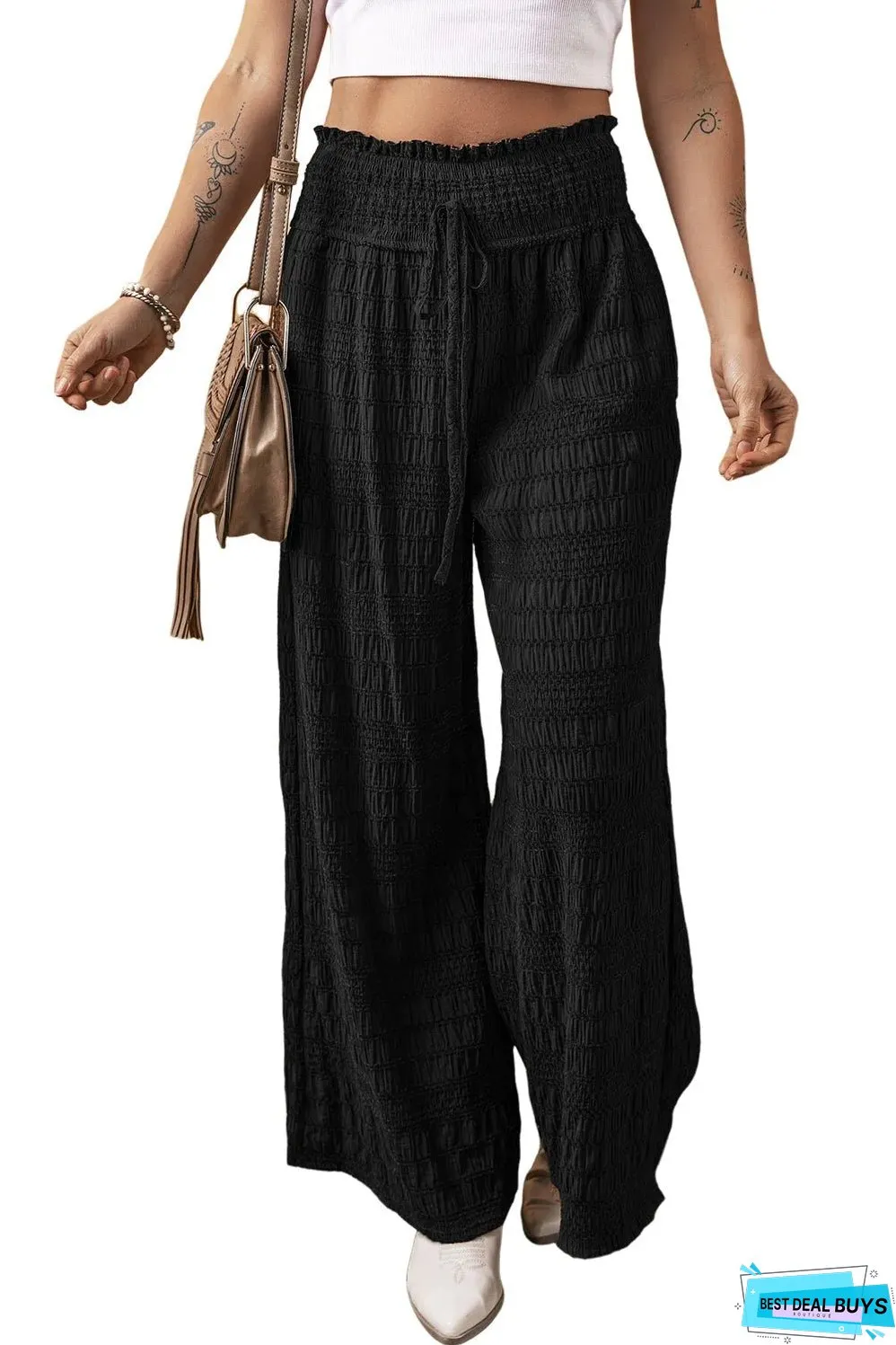 Black Textured Wide Smocked Waist Loose Pants