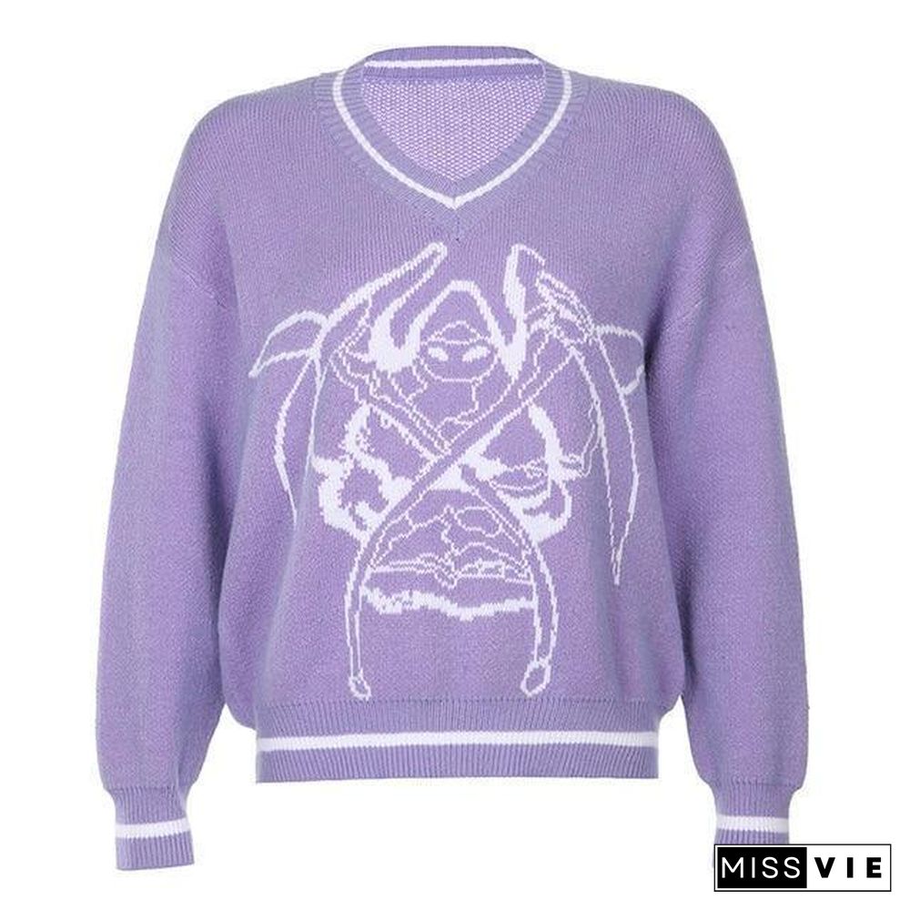 Rapcopter Y2K Sweaters Skulls Pullovers V Neck Knitwear Loose Casual Knitted Tops Women Streetwear Retro Tops Blue Autumn