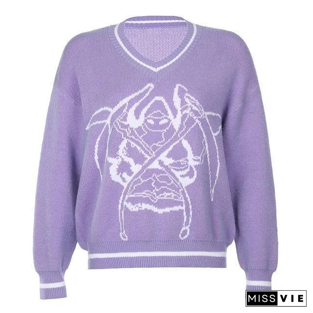 Rapcopter Y2K Sweaters Skulls Pullovers V Neck Knitwear Loose Casual Knitted Tops Women Streetwear Retro Tops Blue Autumn