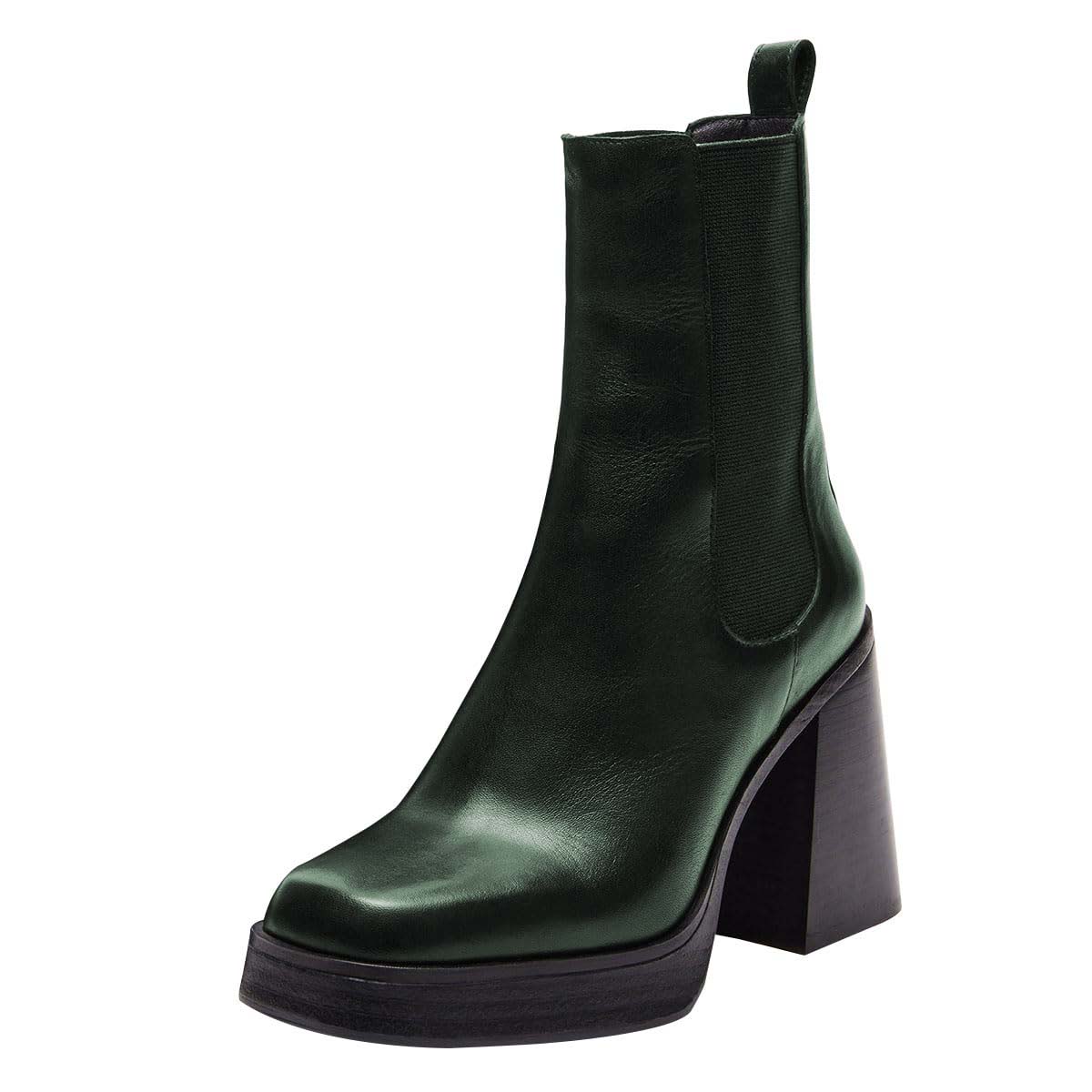 Dark Green Square Toe Chunky Heel Platform Chelsea Boots for Women Nicepairs