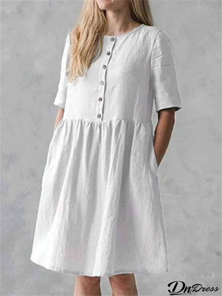 Gentle Women's Classic Crew Neck Half Sleeve Cotton Linen Dress