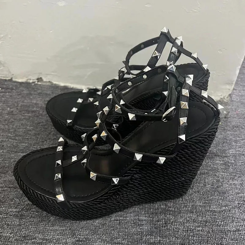 Yellow Rope Platform Sandals Woman Open Toe T-strap Soft Real Leather Rivet Wedges High Heels Lady Party Shoes