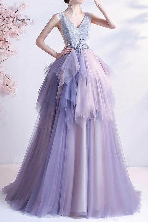 Daisda Sleeveless Long Prom Dress V-Neck Tulle Layered With Beads Online Daisda