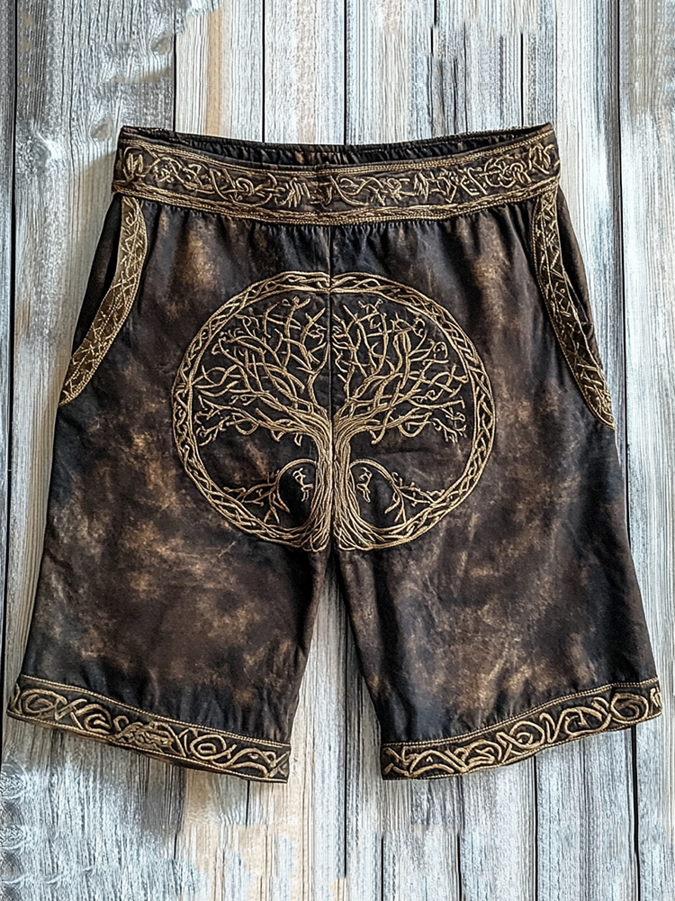 Men's Distressed Viking Tree Of Life Printed Casual Shorts