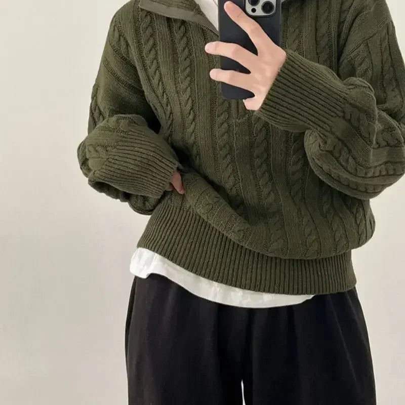 Korean Fashion Half Zipper Sweaters Women Vintage Twisted Knitted Crop Pullover Casual Sueter Mujer Long Sleeve Tops Aiertu