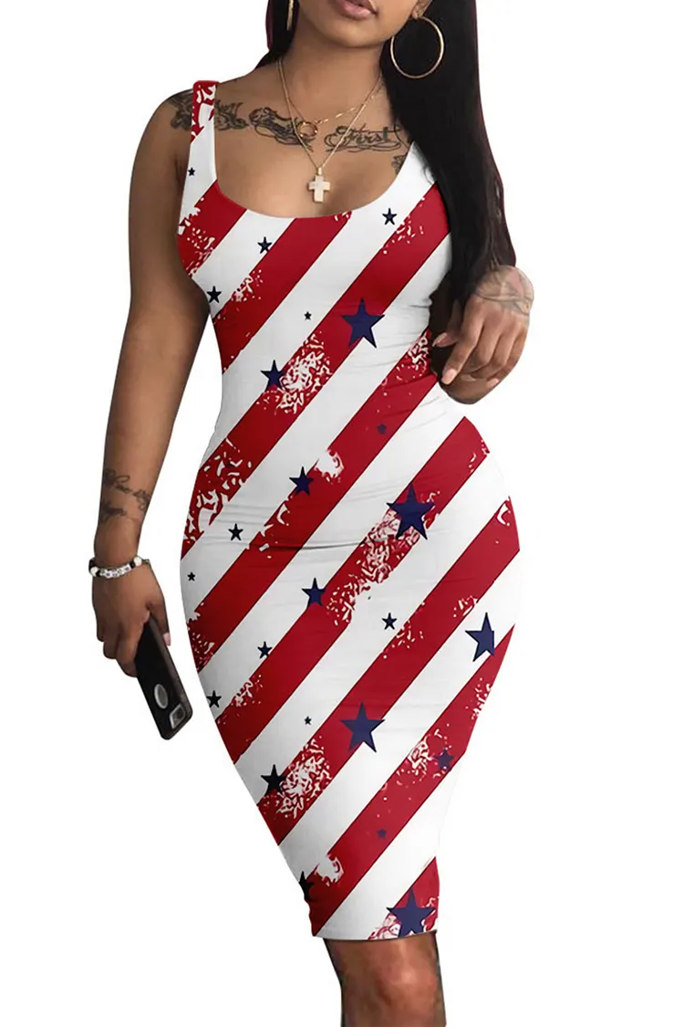 bodycon plus size vacation dress Multicolor Sundress Independence Day Stars Striped Print Sleeveless Midi 14 Models-2XL/16-18 FIT Size US Size