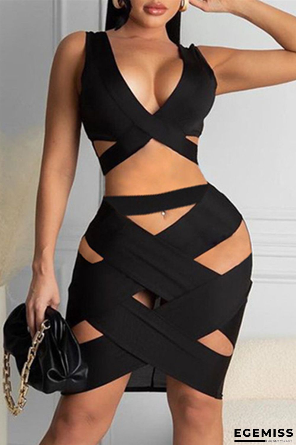 Black Fashion Sexy Solid Hollowed Out V Neck Sleeveless Two Pieces | EGEMISS