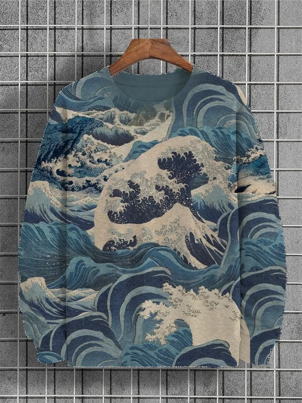 Men's Sea Waves Art Painting All Over Print Long Sleeve Sweatshirt