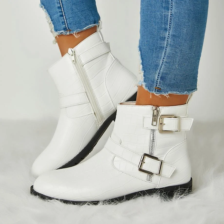 Women Trendy Bright Leather Zipper Buckle Ankle Boots