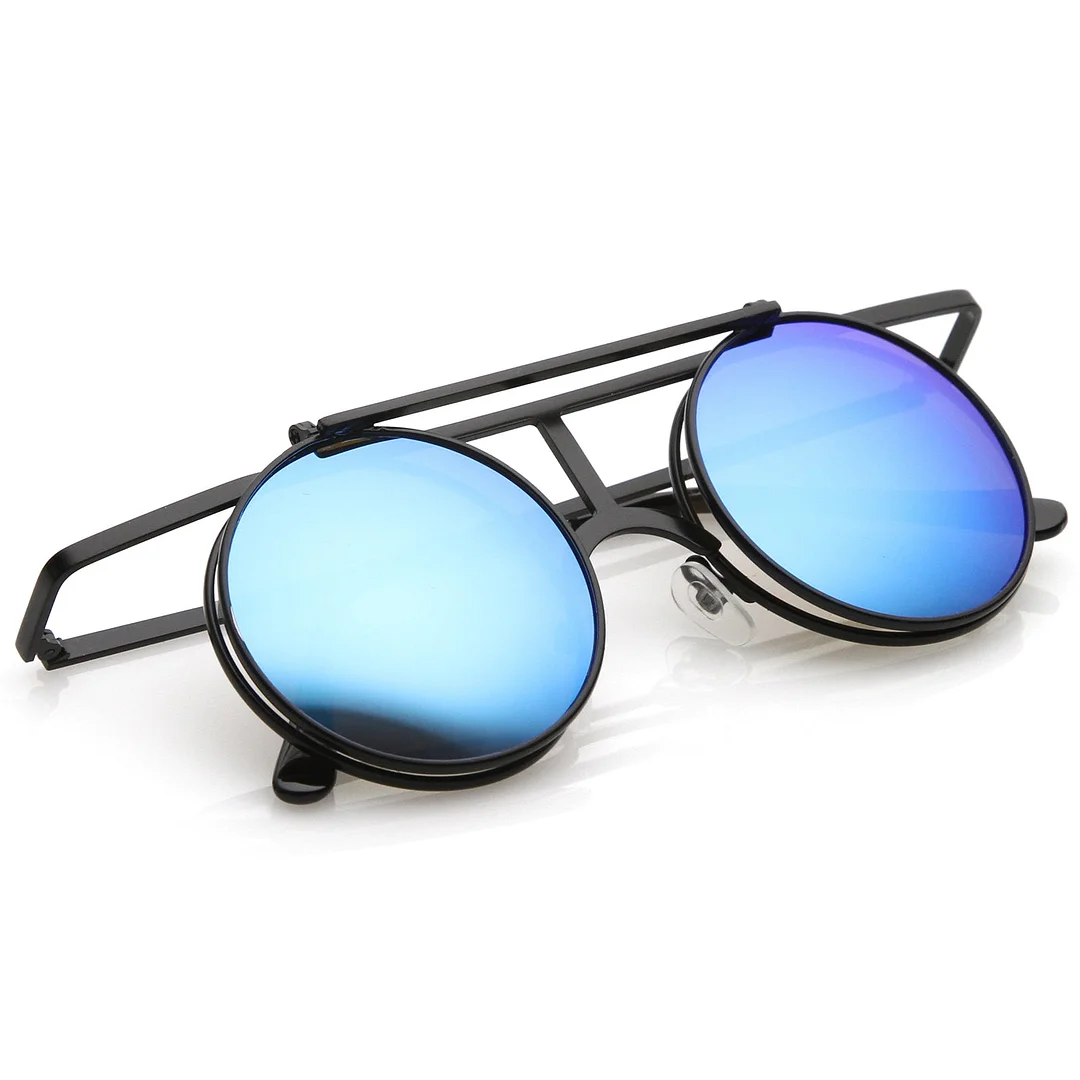 Steampunk Flip Up Cover Flat Top Colored Mirror Clear Lens Round glasses 44mm