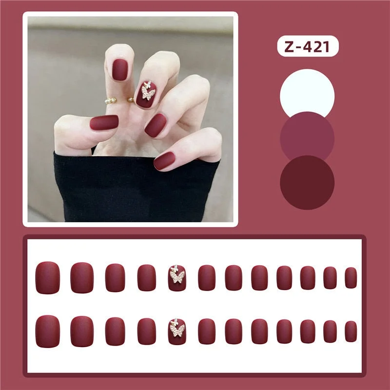 24PCS Fashionable Pink Metal Fake Nail press on Wearable Square Shape Glue model Decorated Finished Fake Nail with glue Product-Nail Inspo