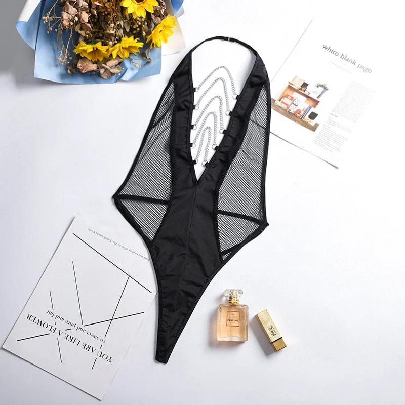 MIRABELLE Sexy Lingerie Deep V Porno Mesh Body See Through Halter Bodysuit Women Metal Chain Exotic Sets Erotic Costumes