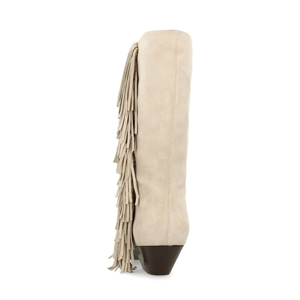 Fashion Beige Pointed Toe Chunky Heel Fringe Cowboy Boots for Women
