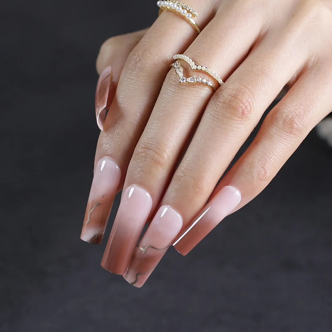 Pink Blue Extra long rectangular False nails clear rainbow glitter ombre High quality gel square Fake nails Home salon nails-Nail Inspo