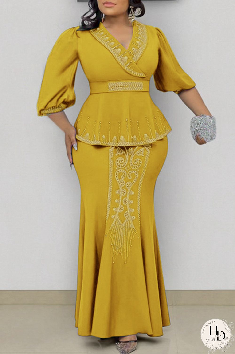 Yellow Fashion Casual Patchwork Beading Hot Drill V Neck Plus Size Two Pieces
