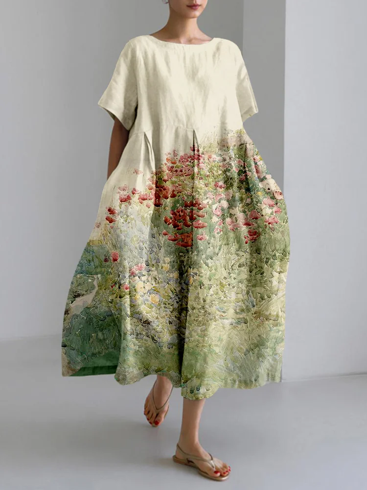 Vintage Poppy Hill Art Pattern Linen Blend Maxi Dress