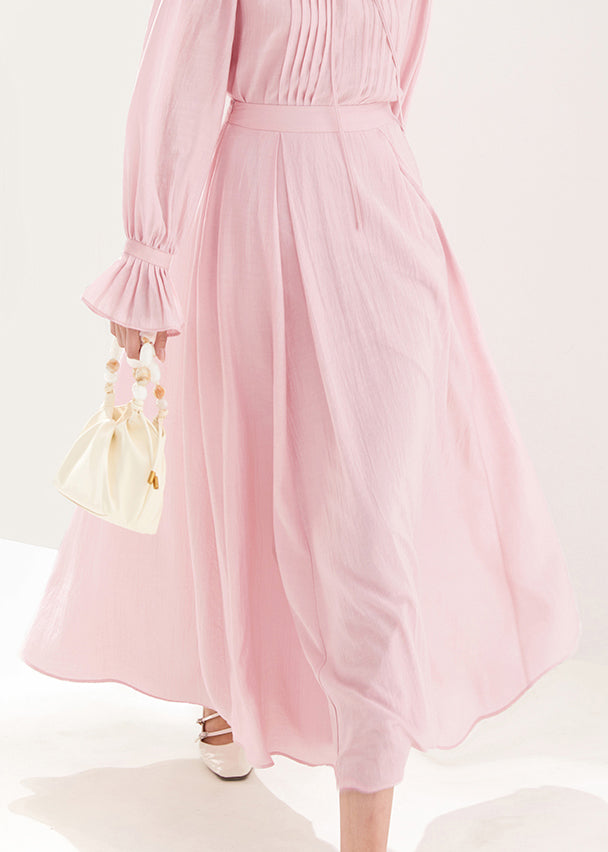 VCSHOES Pink Zippered Solid High Waist Cotton A Line Skirts Fall