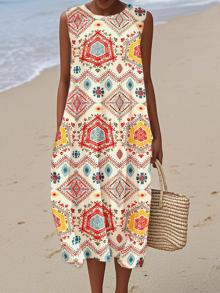 Women's Bohemian Print Cotton and Linen Dress