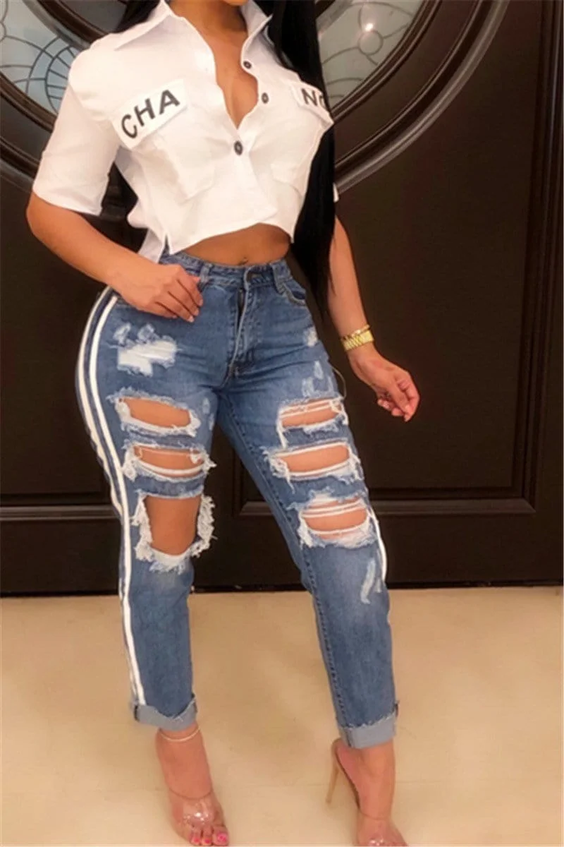 Fashion Casual inelastic Hole Jeans