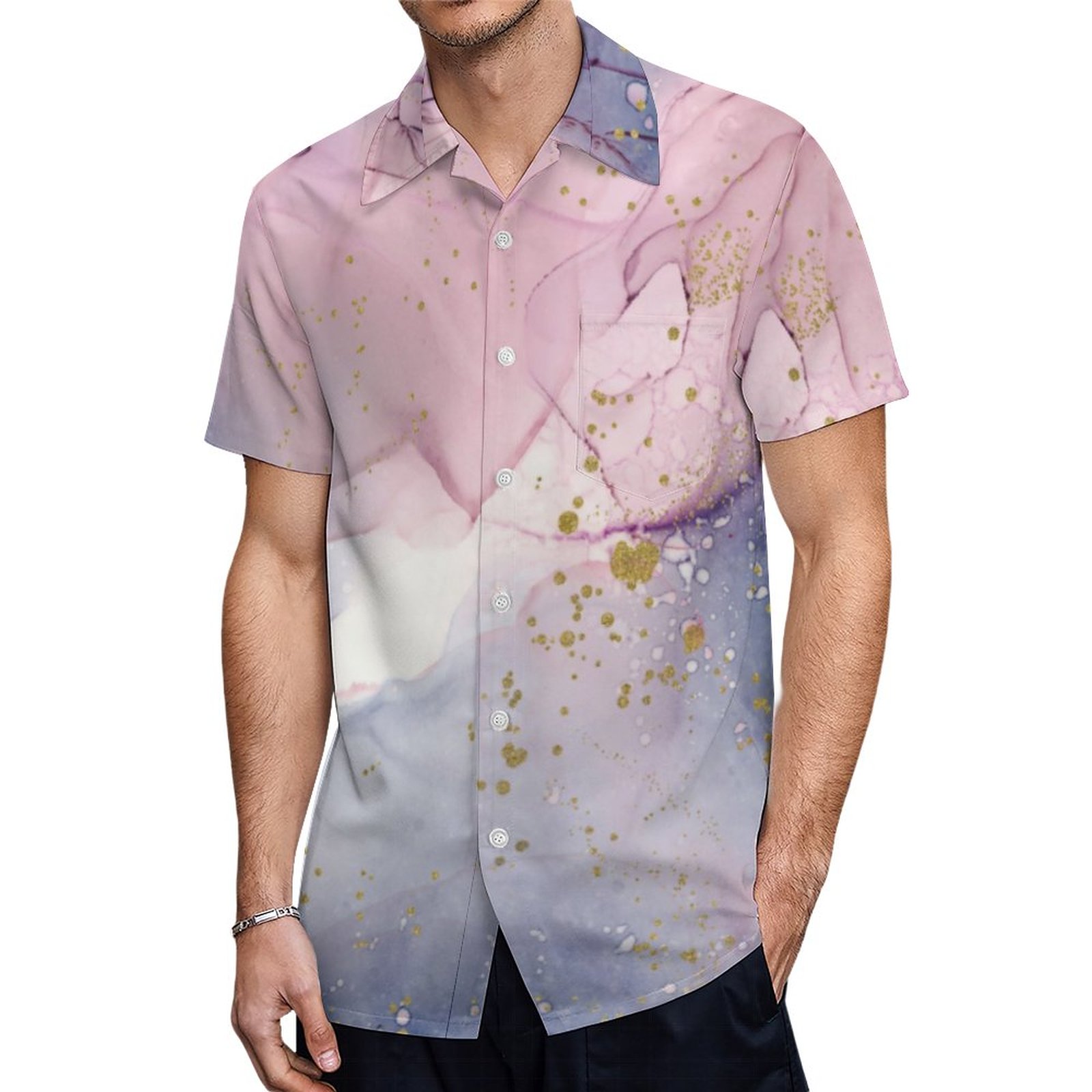 Ethereal Periwinkle Pink Gold Inky Fantasy Glam Hawaiian Shirt Mens Button Down Tropical Hawaii Beach Shirts